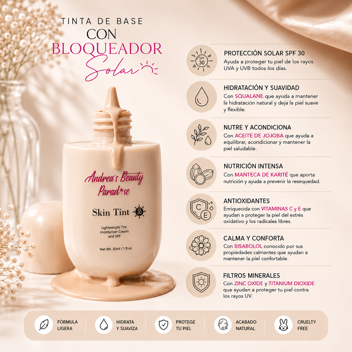 Base de maquillaje Skin Tint SPF30, ligera e hidratante de larga duración