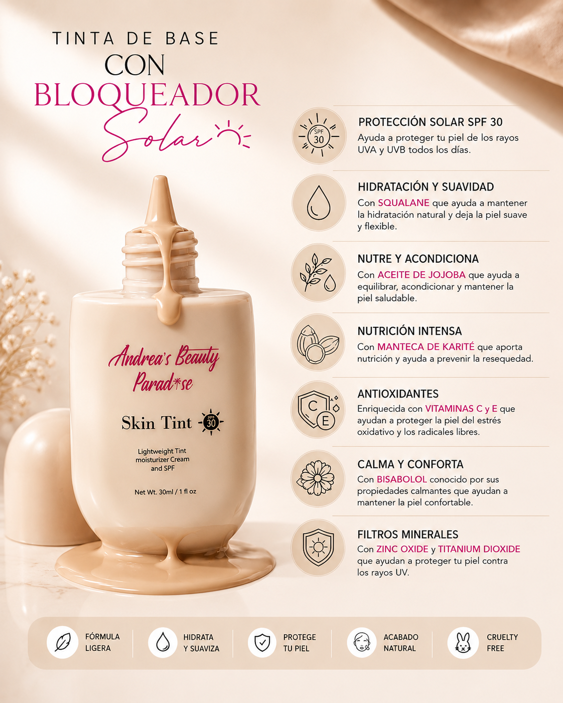 Base de maquillaje Skin Tint SPF30, ligera e hidratante de larga duración